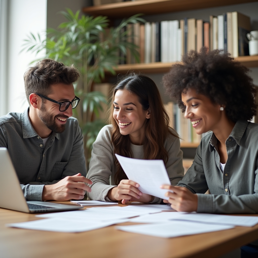 Equipo editorial conversando alrededor de una mesa mientras revisa documentos