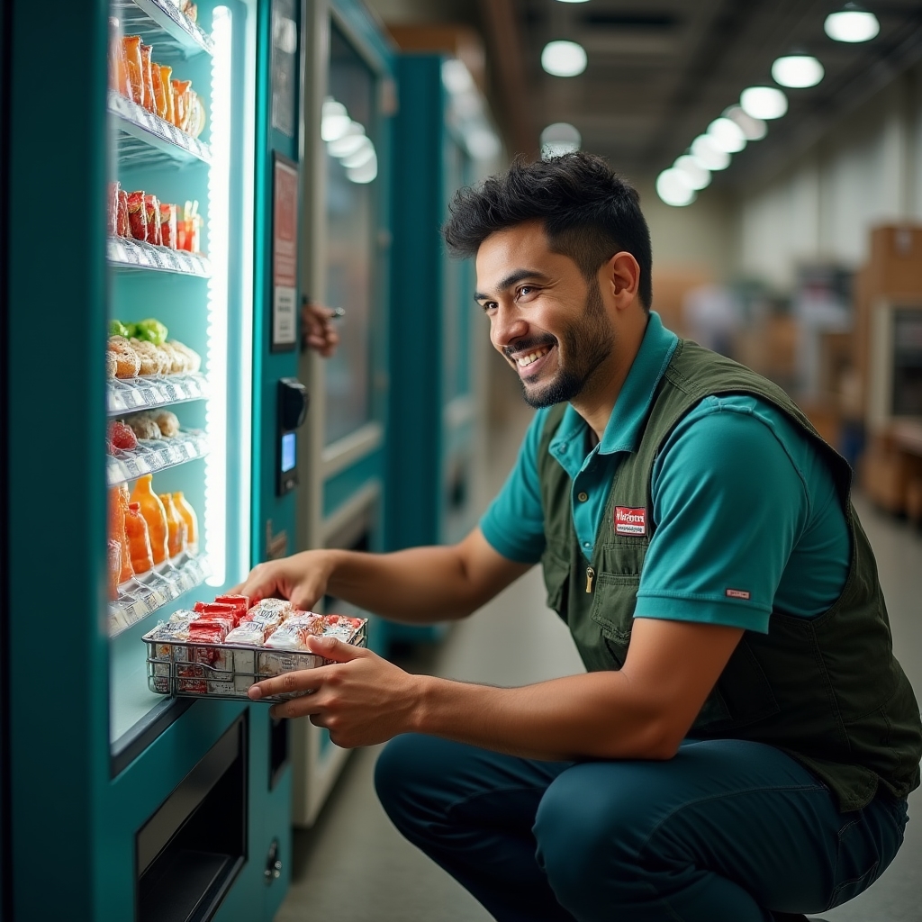 Operador reponiendo productos dentro de una máquina expendedora de snacks